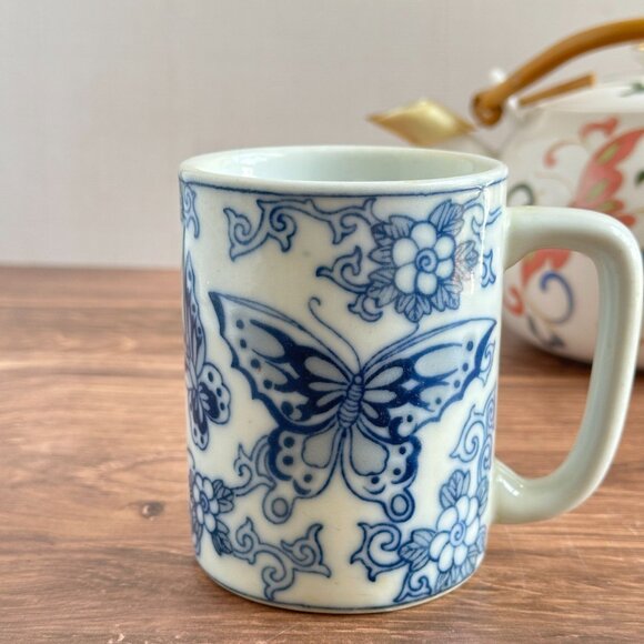 Vintage Blue and White Butterfly Mug, Made in China, Asian-Inspired Ceramic - Picture 1 of 6